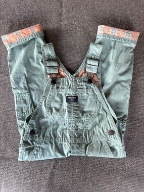 OshKosh B'gosh Sage Green Overalls with Orange Plaid Trim Farm Coveralls Sz 4